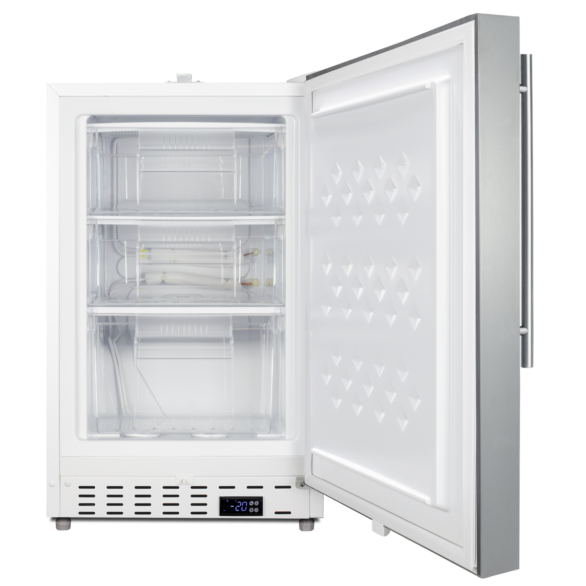 Built-in undercounter -25 C ADA compliant all-freezer with stainless steel front and handle, factory installed lock, digital controls, interior baskets, hospital cord with 'green dot' plug, access port, and manual defrost operation